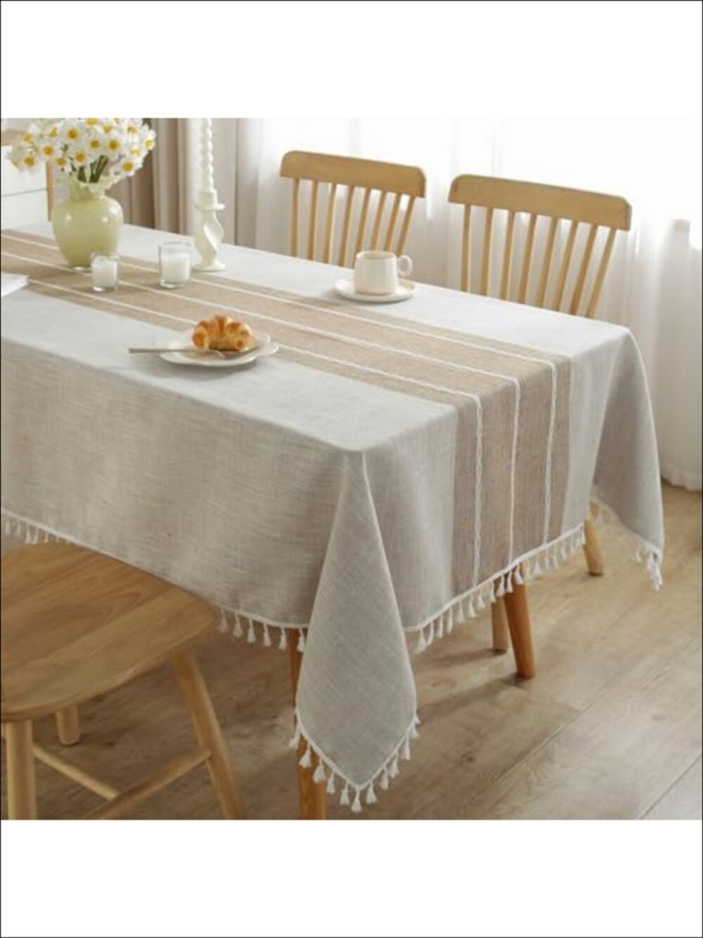 Cotton Linen Tablecloth Rectangular Tassels Waterproof Farmhouse Dining Cover